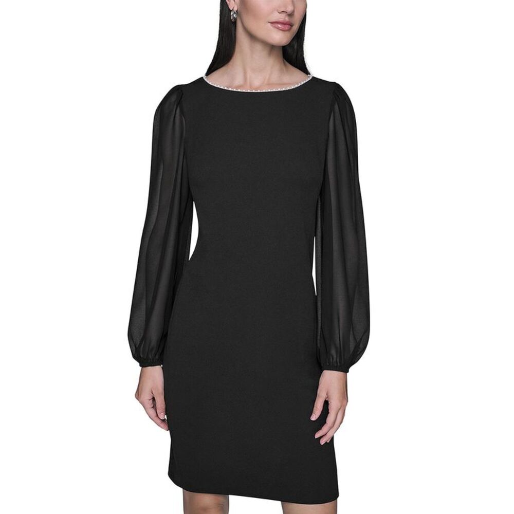 Karl Lagerfeld Paris Womens Crepe Illusion Long Sleeve Sheath Dress 12 Black NWT
